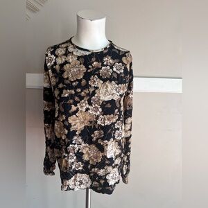 Rena Rowan Black Long-Sleeve Floral Crewneck Top with Tan Blooms